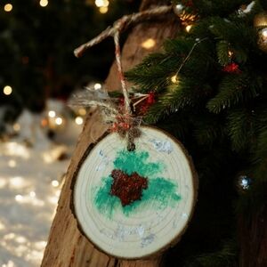 Anna's Creations Hand Crafted Painted Round Wood  Hanging Ornament Winter Holly